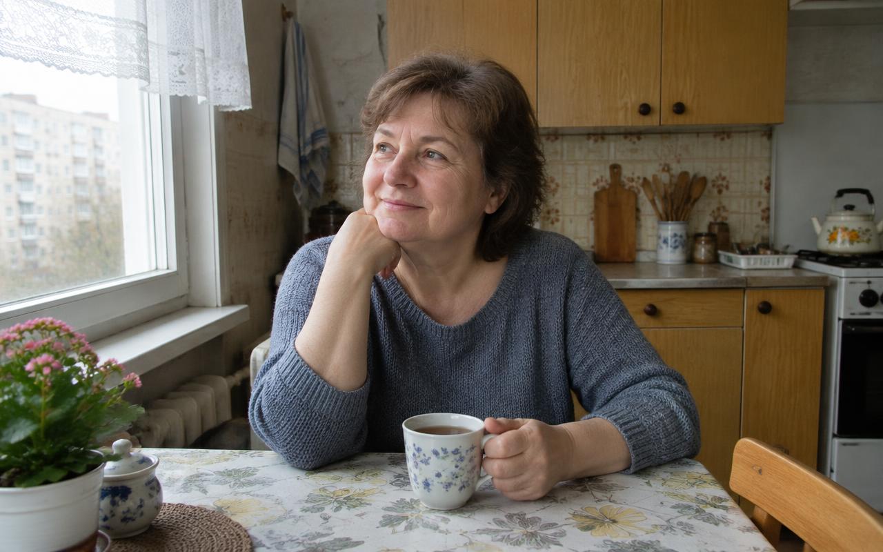 Žena v klidu u stolu ve své kuchyni v panelovém bytě