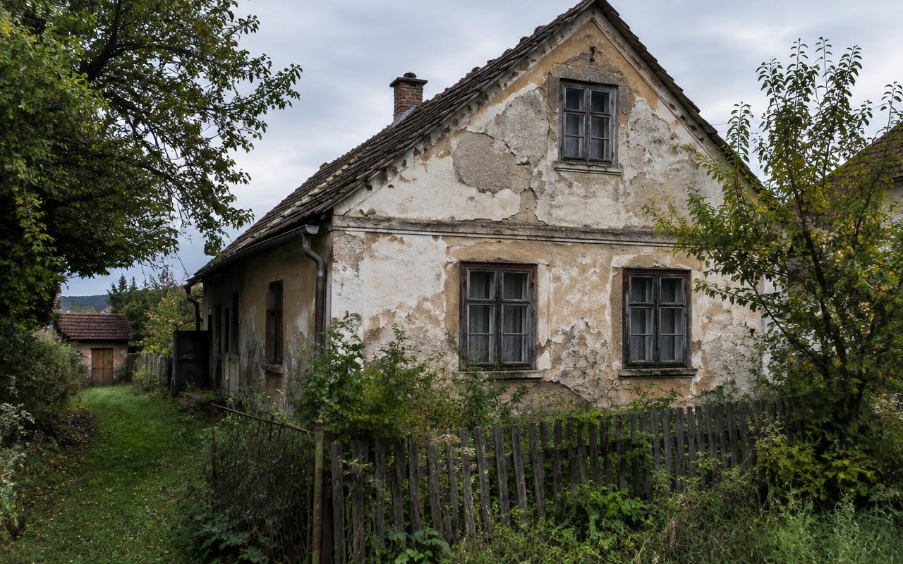 Starý rodinný dům na vesnici s opadanou omítkou